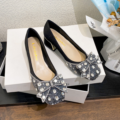 2024 New French Evening Shoes High Heels Thick Heel Medium Heel Women's Spring and Autumn Plus Size Women's Shoes 41-43