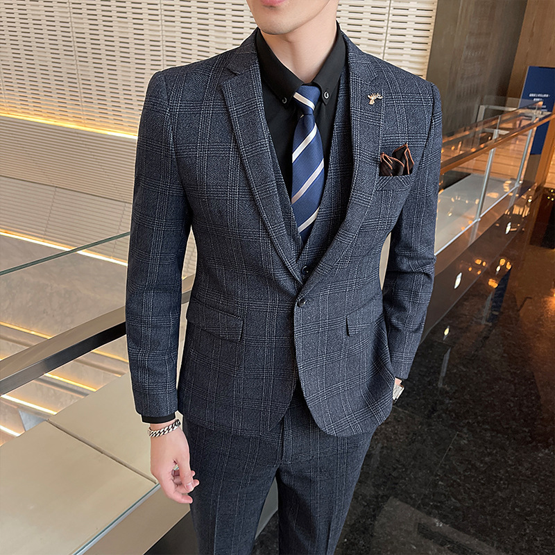 Dropshipping 2024 New Men's Plaid Suit Business Casual Banquet Dress Korean Style Three-Piece Suit Dropshipping 2024 New Men's Plaid Suit Business Casual Banquet Dress Korean Style Three-Piece Suit