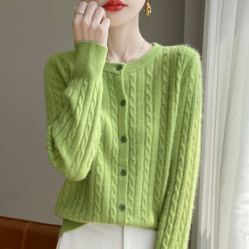 Spring and Autumn Crewneck Sweater Women's 2024 New Single-breasted Coat Solid Color Twist Cardigan Western Style Sweater