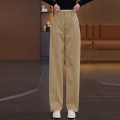 カーキ色の狭い版のワイドパンツの女性春秋2025年の新型の高腰のゆったりしている感じのカジュアルなズボンのスーツのストレートパンツ
