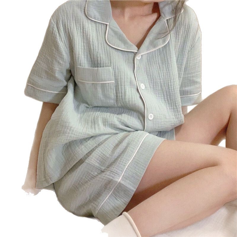 韓国の新しいバブルパジャマ女性の夏の新しいシンプルなルーズ半袖ショーツ甘い薄いホーム服|undefined