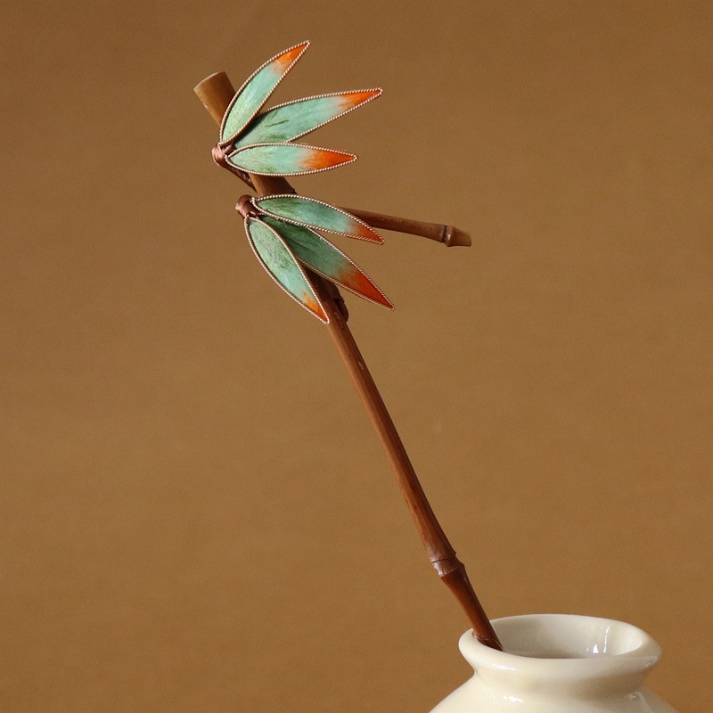新中式简约绒花手工竹叶盘发簪子日常古风裙子百搭头饰小竹子发簪