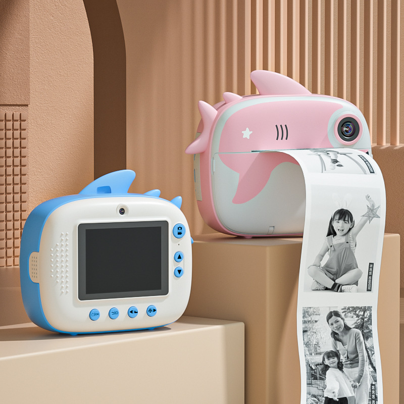 Overseas Popular Shark Children's Instant Camera with High-Definition Dual Camera, One-Second Printing Camera Set