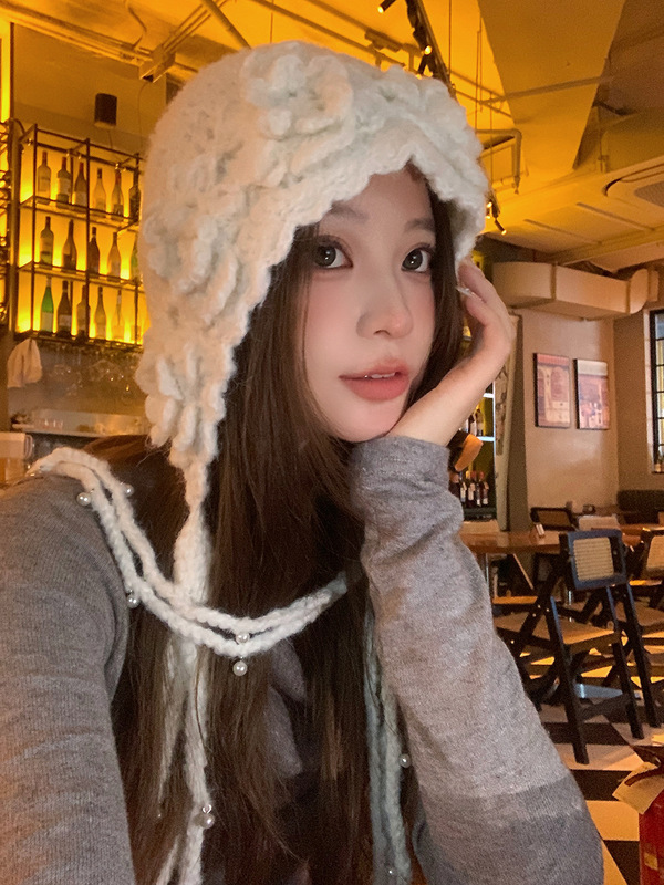 落雪白100纯手工帽子女冬2025新款羊毛流苏毛线帽绑带护耳雷锋帽|undefined