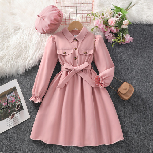 New Women's and Older Children's Long-Sleeve Collared Solid Color Dress with Belt and Hat