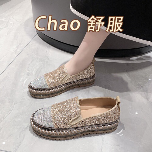 Women's New Spring Overseas Trade Loafers with Thick Soles, Flat, Water Diamond Fashion Sneakers