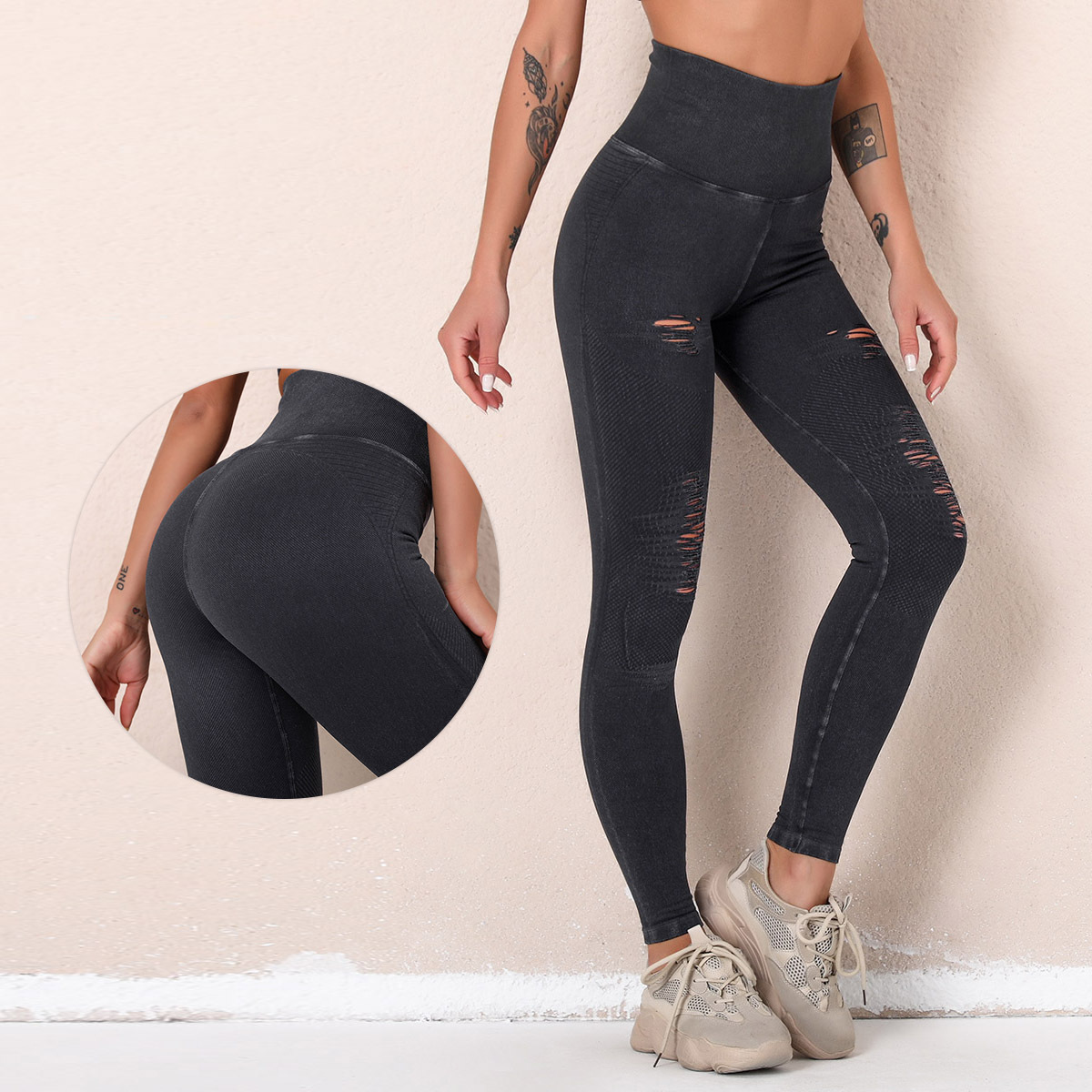 Liquidación: Pantalones de yoga nuevos, transfronterizos, lavados, con agujeros, sin costuras, de cintura alta, deportivos, de nueve puntos, que realzan los glúteos, para mujer