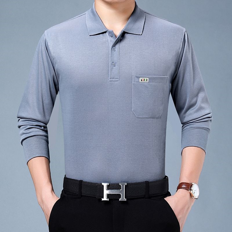 เสื้อยืดผู้ชายวัยกลางคนและผู้สูงอายุแขนยาวคอปกสำหรับผู้ชายเสื้อบางๆเสื้อเชิ๊ตผู้ชายทรงหลวมสำหรับฤดูใบไม้ร่วงและใบไม้ผลิ