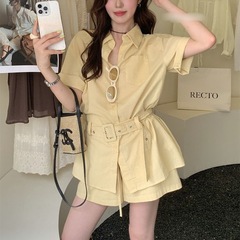 韩系新款时尚百搭女2025夏季设计感翻领短袖衬衫高腰显瘦短裤套装