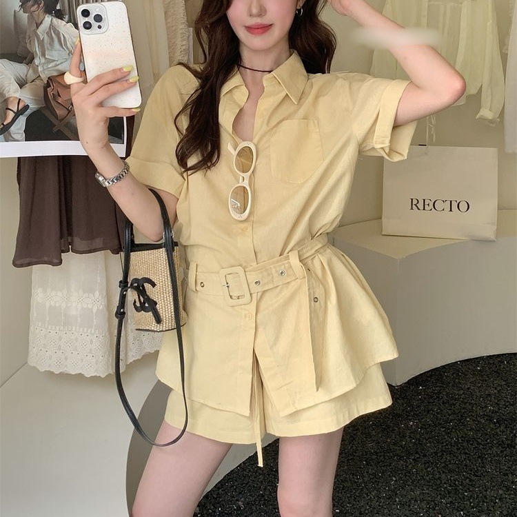 韩系新款时尚百搭女2025夏季设计感翻领短袖衬衫高腰显瘦短裤套装|undefined