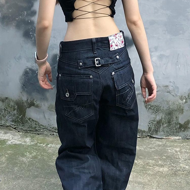 美式高街辣妹亚文化宽松牛仔裤子女设计感赤耳碎花拼接直筒拖地裤|undefined