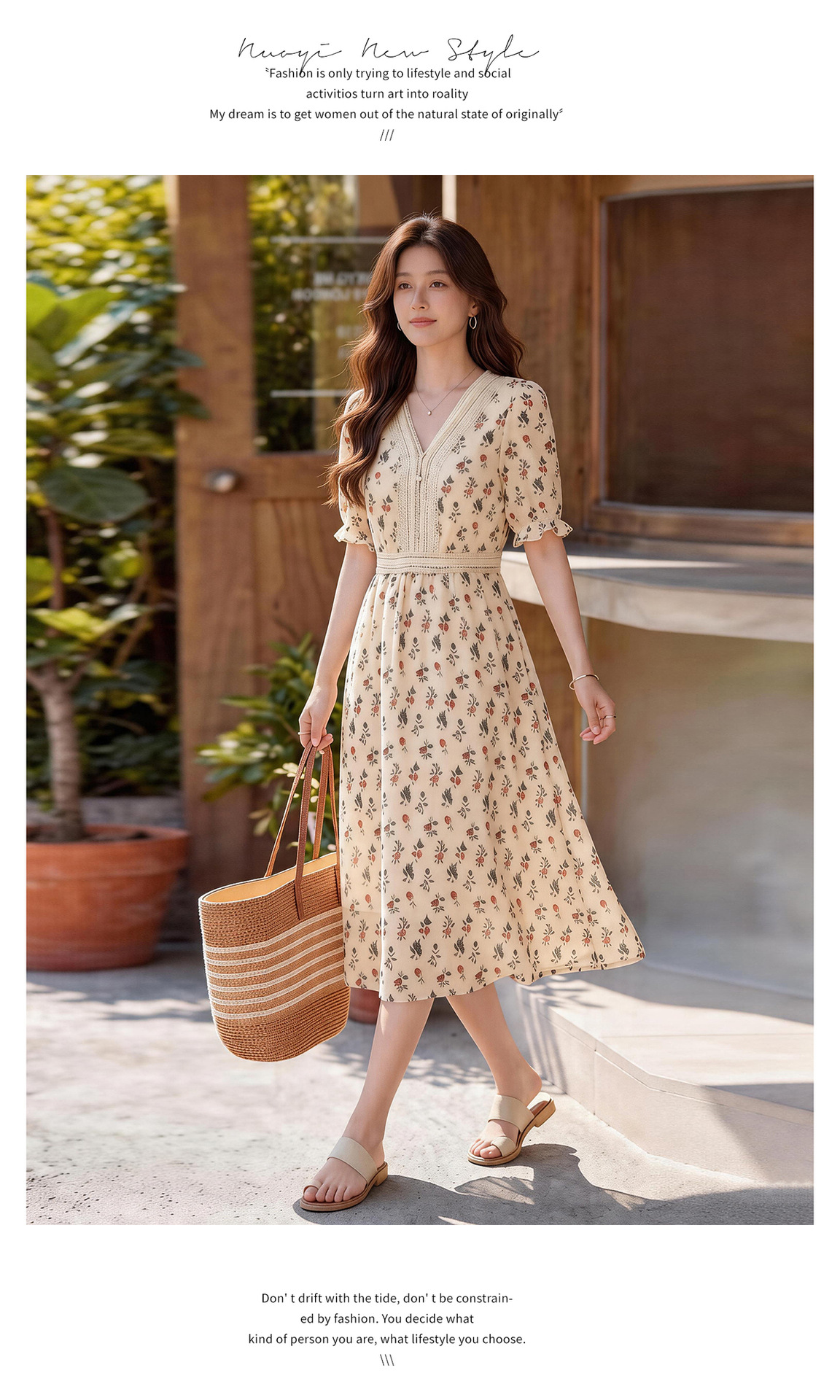 Đầm maxi nữ thắt eo tay ngắn cổ V in họa tiết dáng dài — màu be, màu trắng chi tiết 13