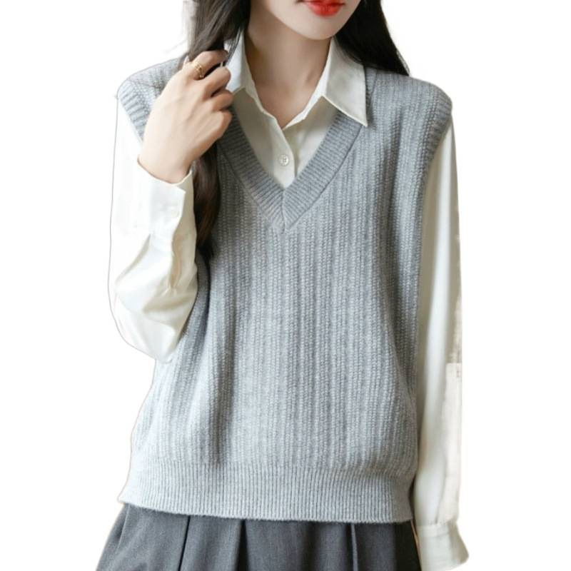 2025 nuevo chaleco de punto de mujer suéter de hombro sin mangas perezoso con cuello en V chic plegado chaleco superior image 5