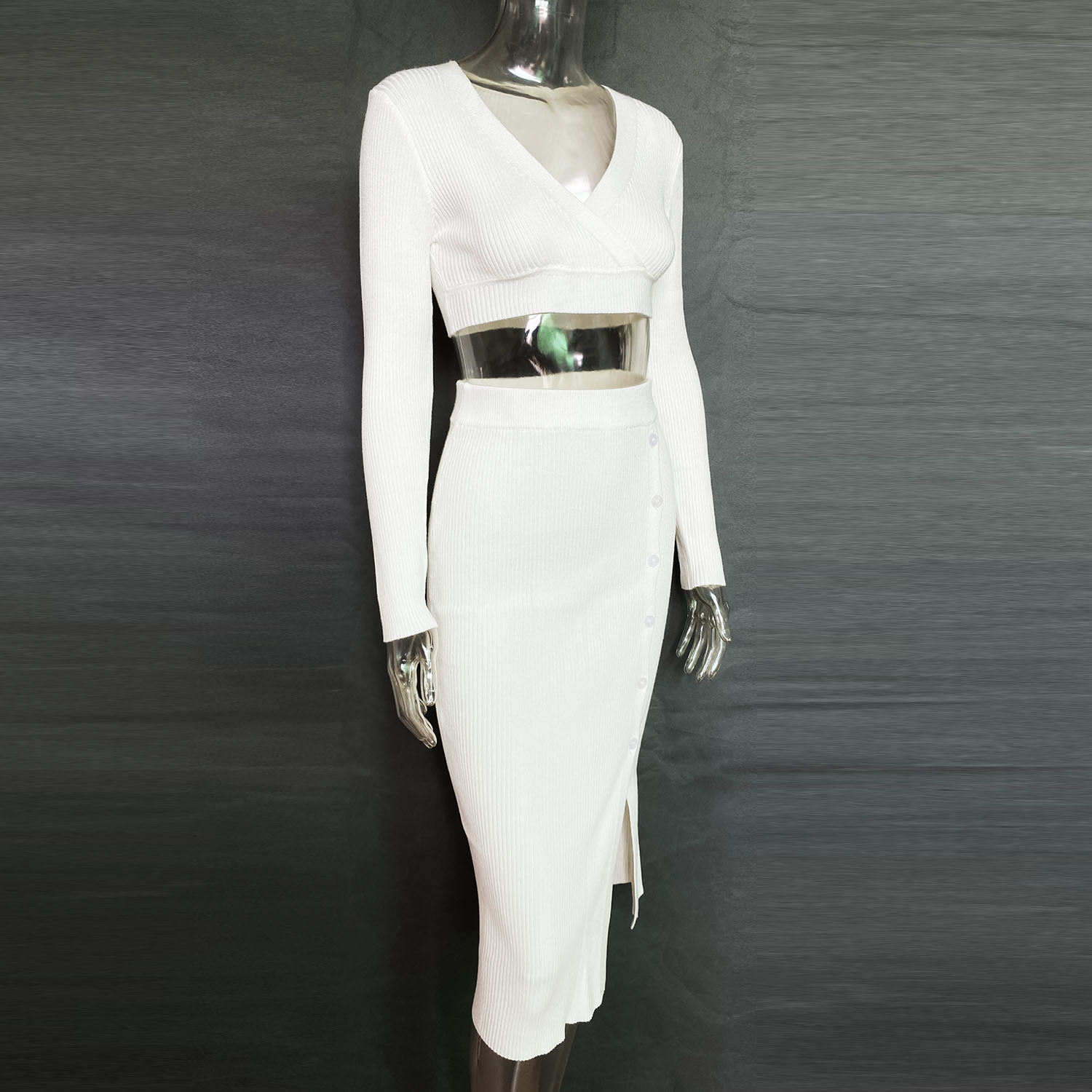 Women's Clothing Slit Sweater Dress Deep V High Elastic Wool Sweater Suit_voghion.com