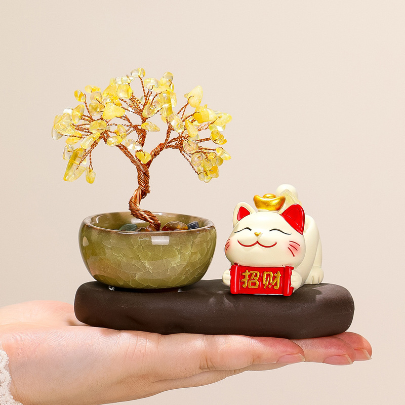 新款招财猫天然水晶原石黄水晶发财紫水晶摇钱树入户玄关好运摆件|undefined