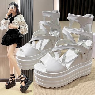 Wedge Heeled Super High Heeled Sandals 13CM Waterproof Platform Platform Platform Thick Bottom Cross with Fish-mouth Shoes New Style Inner Height Increasing Women's Shoes for Summer