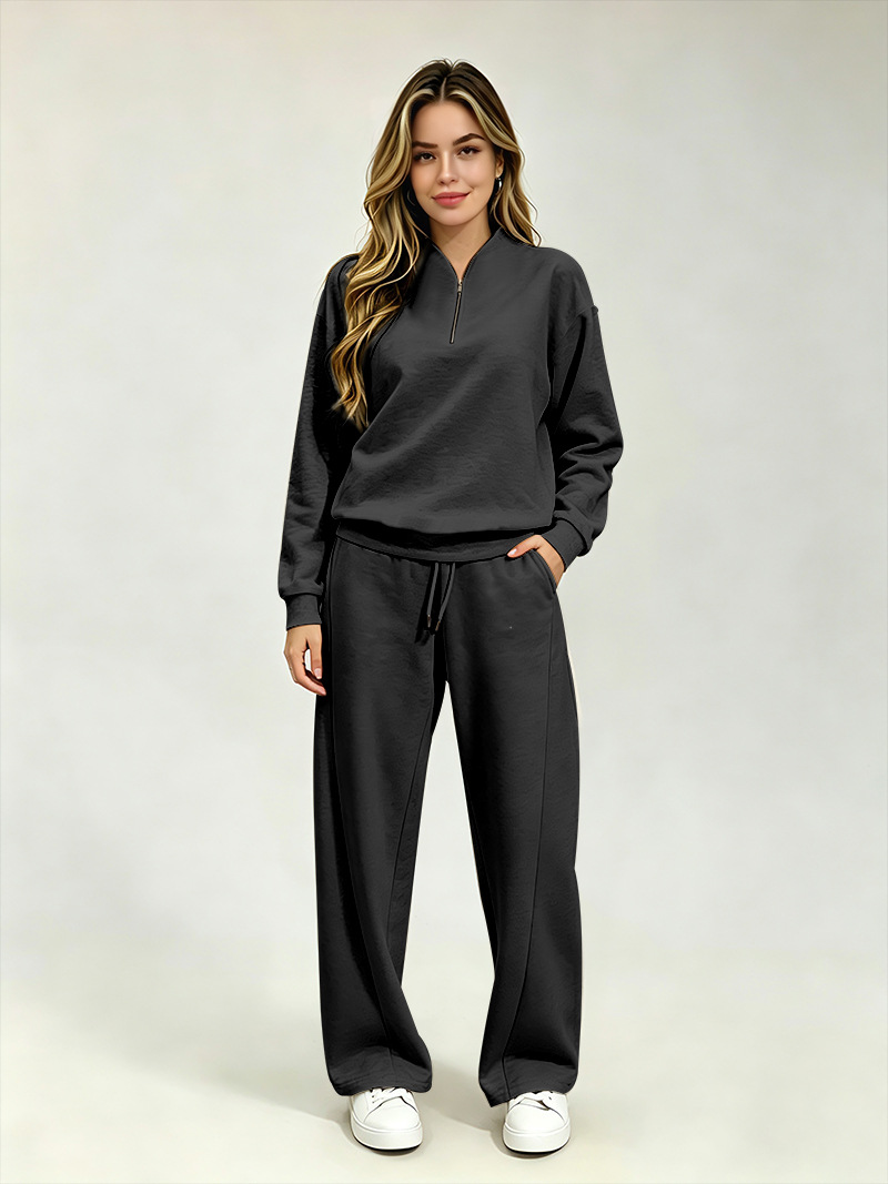 Women's Clothing Women's Fashionable Long Sleeved Sweatshirt Casual Trousers Set Style Autumn Half Open Collar Solid Color Loose Fit_ecoleips.com