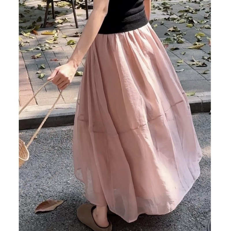 Pink Gauze Skirt A-Line Half-Length Skirt for Small Women 2025 New Summer Elastic High-Waist Slim Puffy Skirt