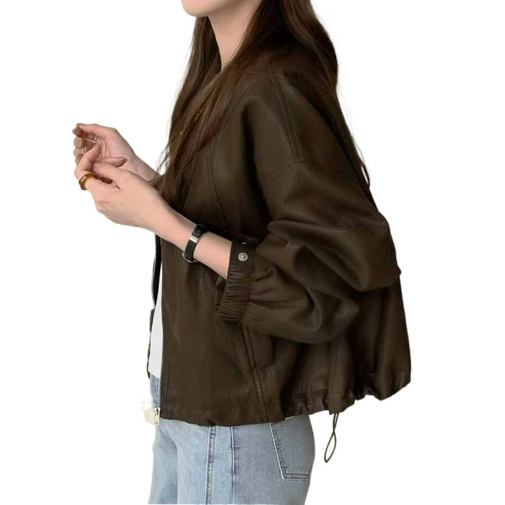 Demi-season retro polyurethane jacket with a round collar, Korean style