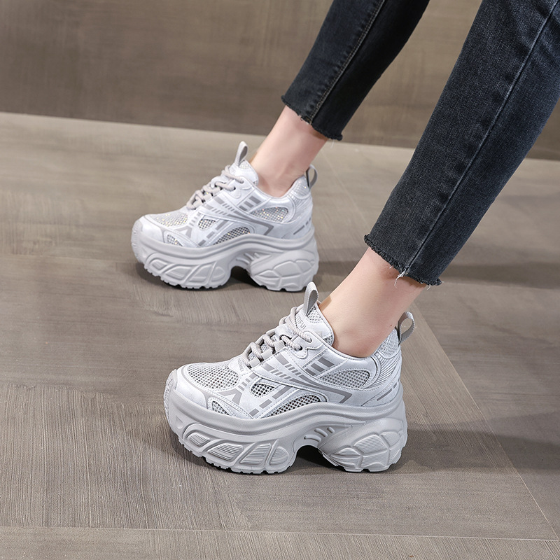 Giày sneaker nữ chunky đế dày lưới thoáng khí tăng chiều cao — Màu trắng