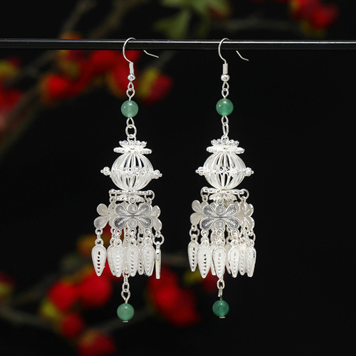 New Chinese style national style Miao silver earrings original niche retro aventurine earrings long tassel ethnic style earrings for women