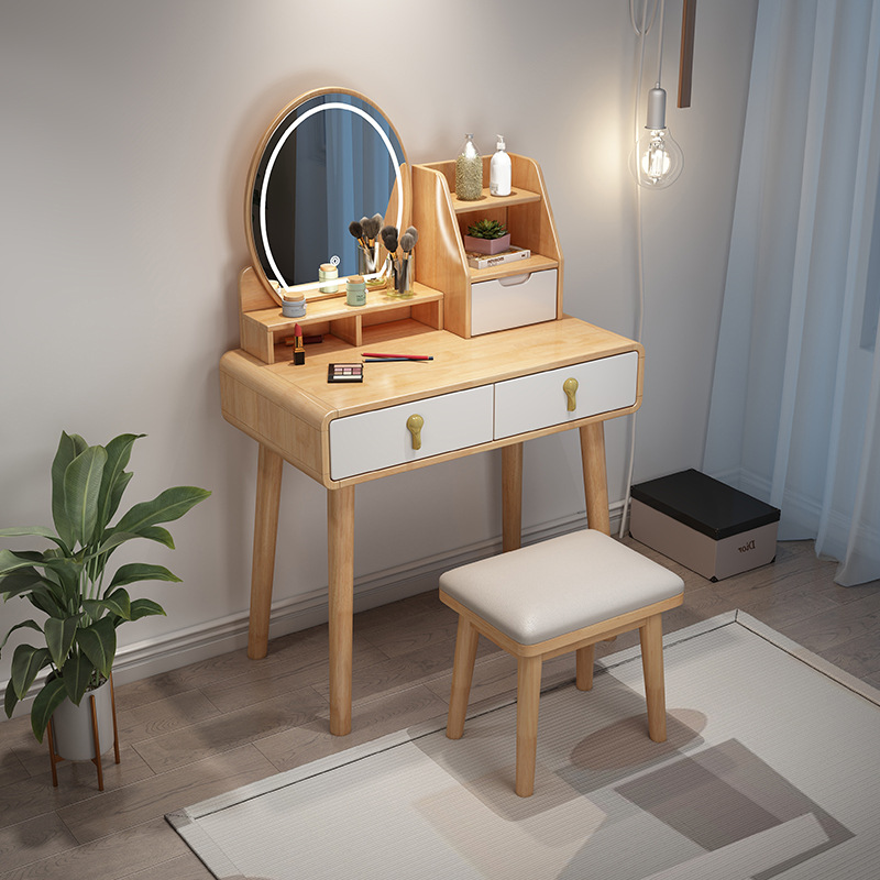 Tocador de Dormitorio Moderno y Minimalista de Madera Maciza, Modelo 2023, Multifuncional con Bandeja Giratoria, Tocador de Maquillaje de 70 cm