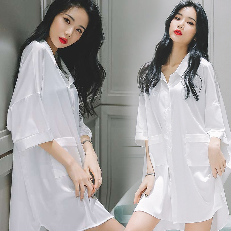 Camisón para mujeres 2023 nueva primavera y verano popular de moda estilo coreano de manga corta pijamas novio estilo camisa blanca