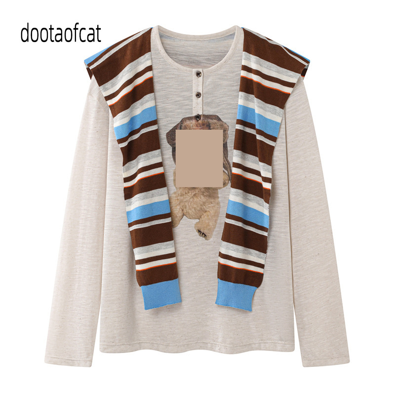 2026 Winter New Women's Designer Style Retro Flight Hat Bear Print Long-Sleeved T-Shirt Rk91001313 2026 Winter New Women's Designer Style Retro Flight Hat Bear Print Long-Sleeved T-Shirt Rk91001313