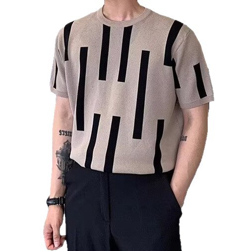 camiseta de punto de manga corta hombre rayas de contraste de color delgado antiguo estilo de negocios camiseta superior hielo seda fábrica de verano transfronteriza al por mayor