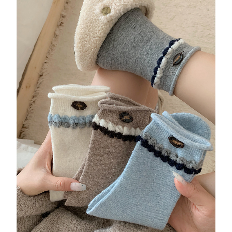 Wool Thermal Socks for Women, Mid-Calf Socks for Autumn and Winter, Thickened and Fleece-Lined, Color-Blocking Fuzzy Shoes, Snow Boots, Winter Long Socks