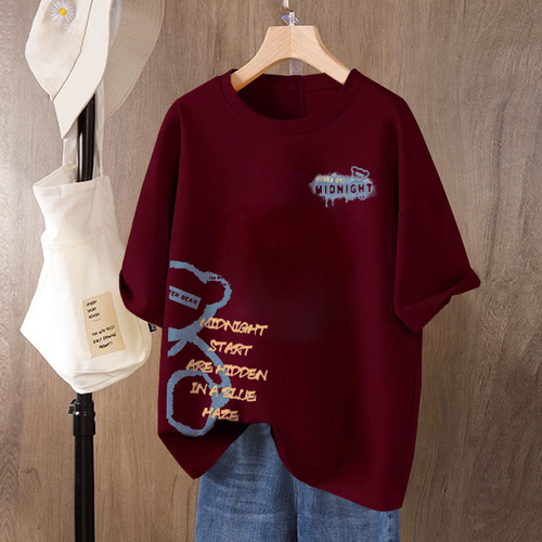 Slightly fat cover-up 100% pure cotton short-sleeved T-shirt for women 2025 summer large size loose round neck printed top trendy