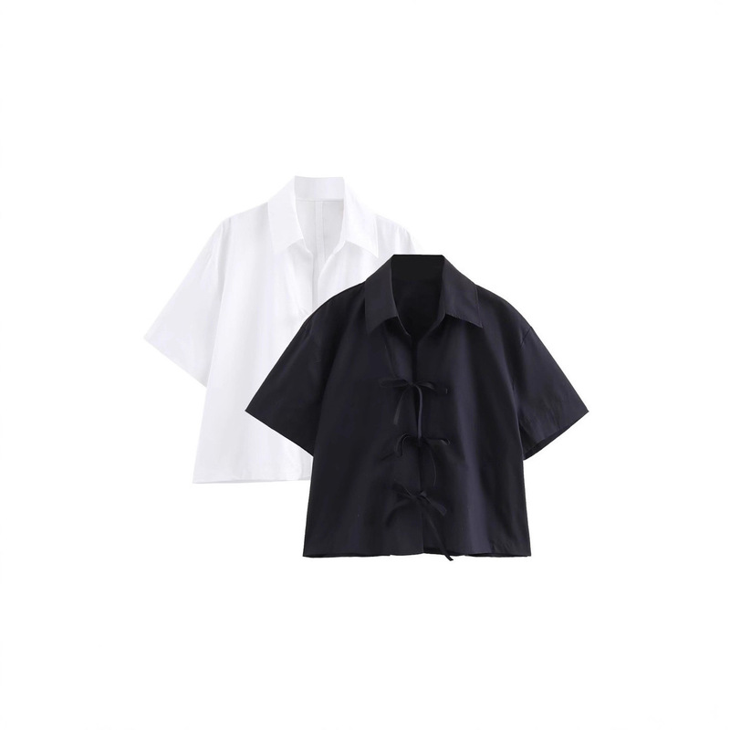 Foreign Trade Women's Clothing 2025 New European and American Fashion Casual Simple Bow-Decorated Oxford Shirt 8181025 Foreign Trade Women's Clothing 2025 New European and American Fashion Casual Simple Bow-Decorated Oxford Shirt 8181025