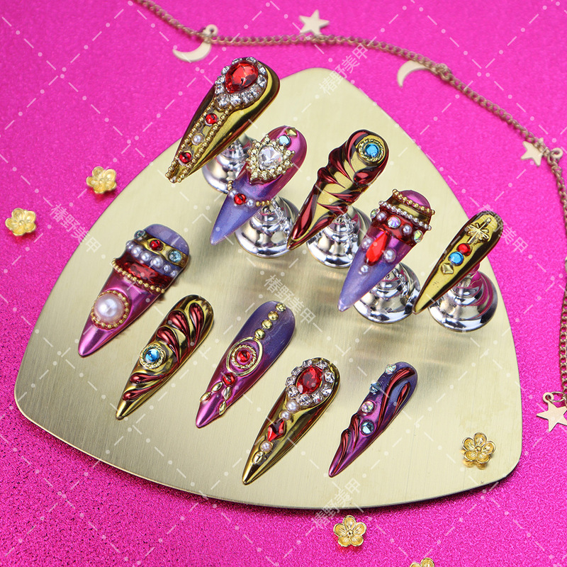 Popular Nail Art Wearable Nail Patches, Handmade with Jewels and Stones, Gradient Palace Style, Light Luxury, High-End Wearable Fake Nails