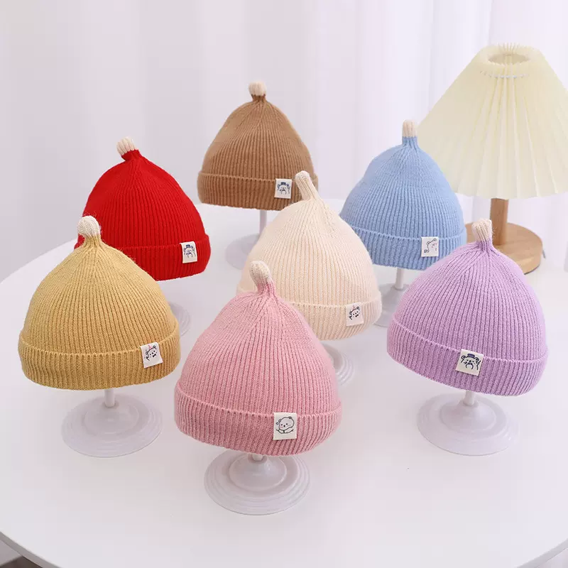 婴儿帽子冬季新款卡通小熊布标可爱超萌奶嘴尖尖针织帽保暖毛线帽