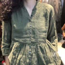 欧洲站大码棉麻衬衫2025秋季减龄复古文艺女人味显瘦排扣开衫