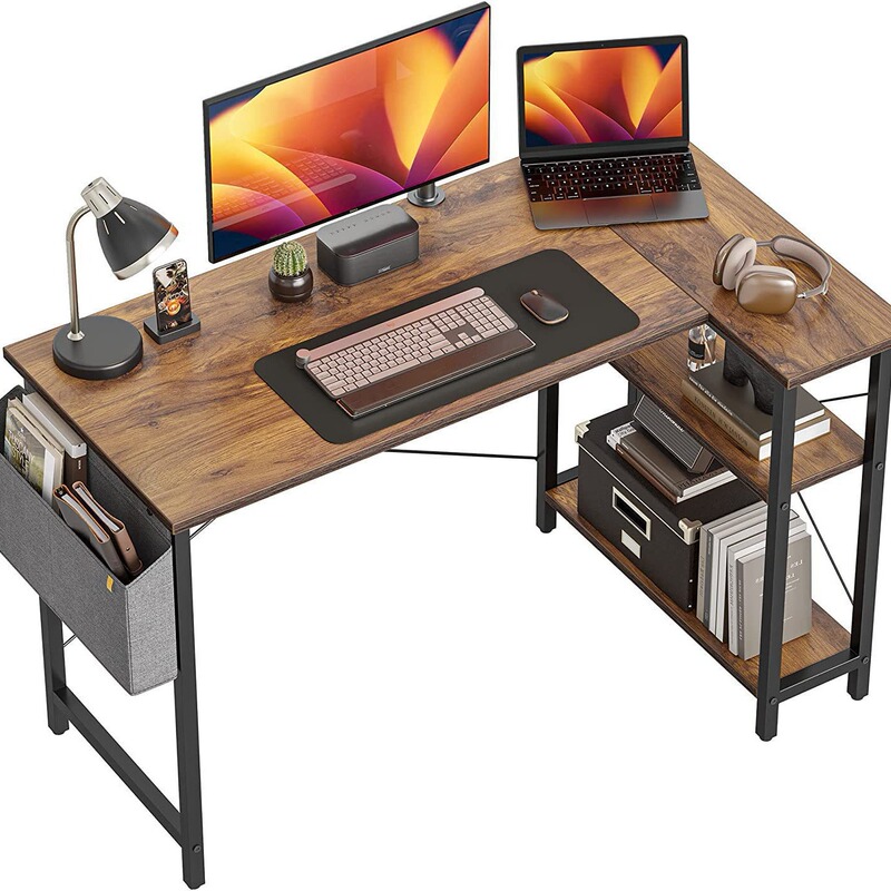 Small Corner Computer Desk with Storage Shelves and Side Pockets, L-Shaped Computer Desk, Office Writing Desk, Computer Desk, Available for Export