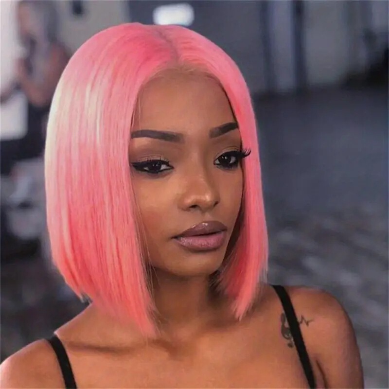 Amazon Hot Selling European and American Fashion Wig bobo Head Pink Short Straight Wig Head Cover Front Lace Wig