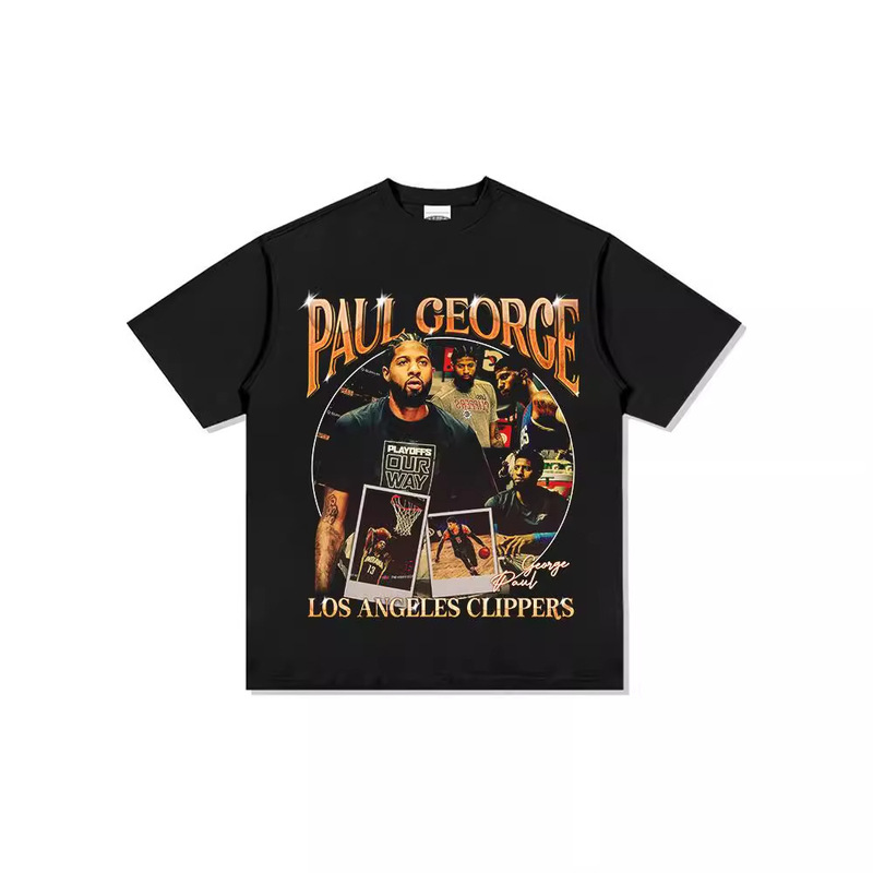 Paul George American Printed Long-Sleeved Short-Sleeved T-Shirt High Street Vintage Washed Top