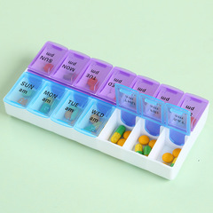 Double row 14-grid elderly medicine box portable one-week storage box divided pill box English with Braille medicine box wholesale