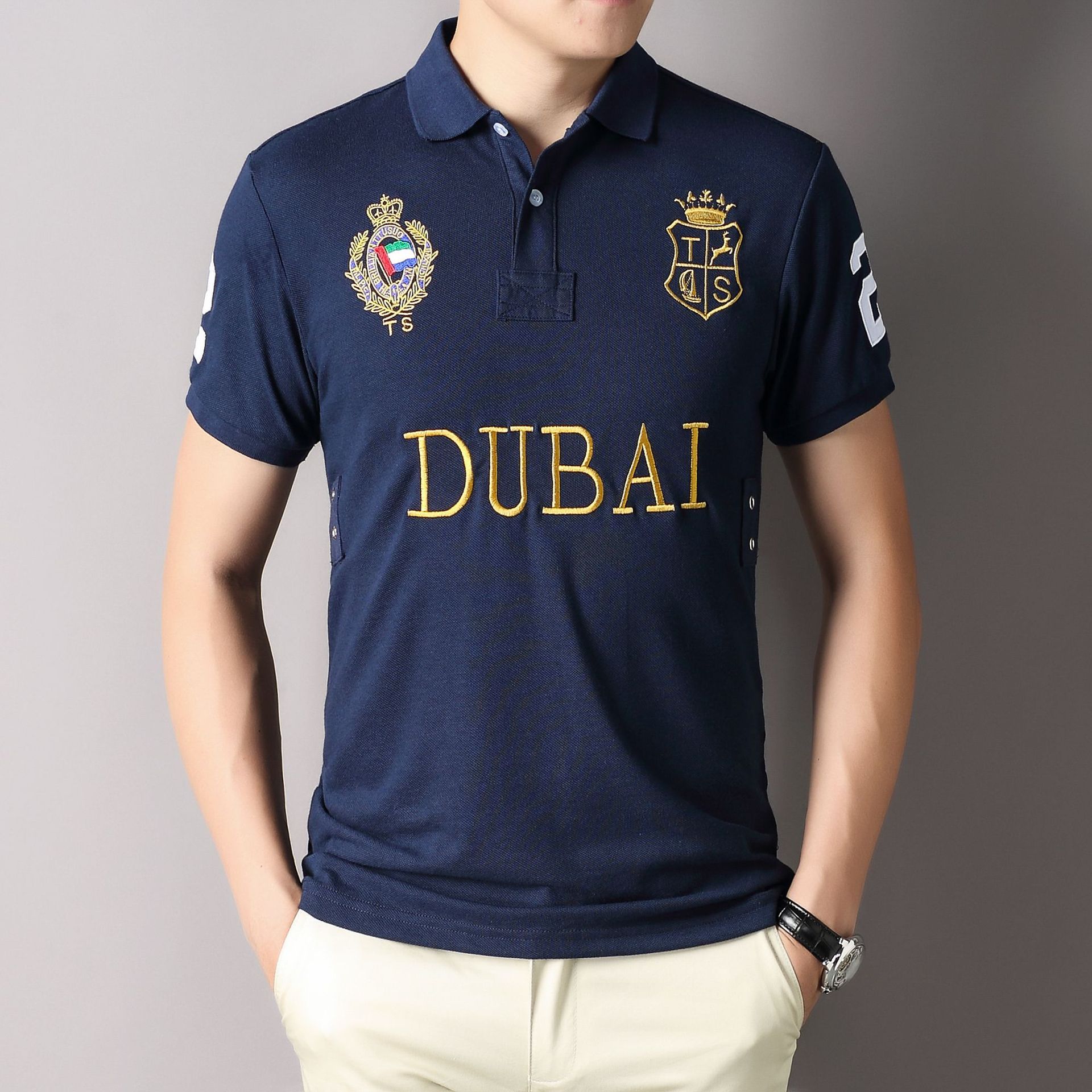Polo da uomo in puro cotone a maniche corte blu navy casual_voghion.com