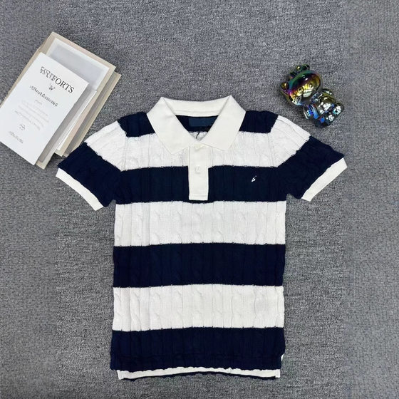 Ralph RL Knitted T-shirt Black and White Striped Cotton Twisting Knit Women's Pullover Polo Shirt Pony Embroidered Top