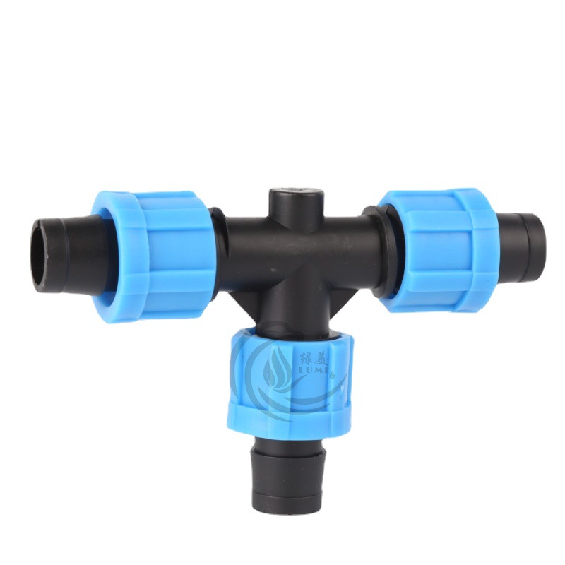 conector de accesorios especiales para correa de riego por goteo de 16 mm con bloqueo de tres conexiones de inserción de parche tipo laberinto en tierras agrícolas