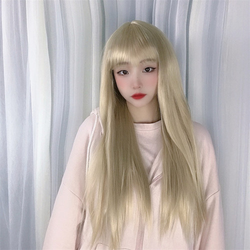 Manufacturer wholesale Japanese soft girl wig female long straight hair off-white face-shaving fluffy realistic chemical fiber wig headgear