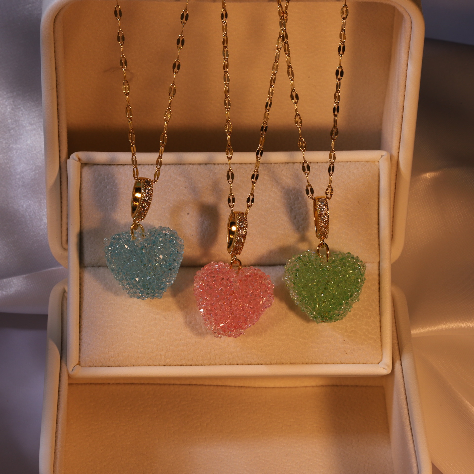 Sweet Heart Shape Titanium Steel Inlay Artificial Crystal Pendant Necklace