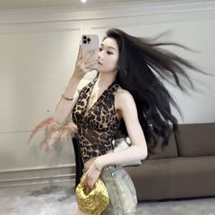美式辣妹风挂脖绑带烫钻小众设计感豹纹无袖背心上衣2025夏季新款