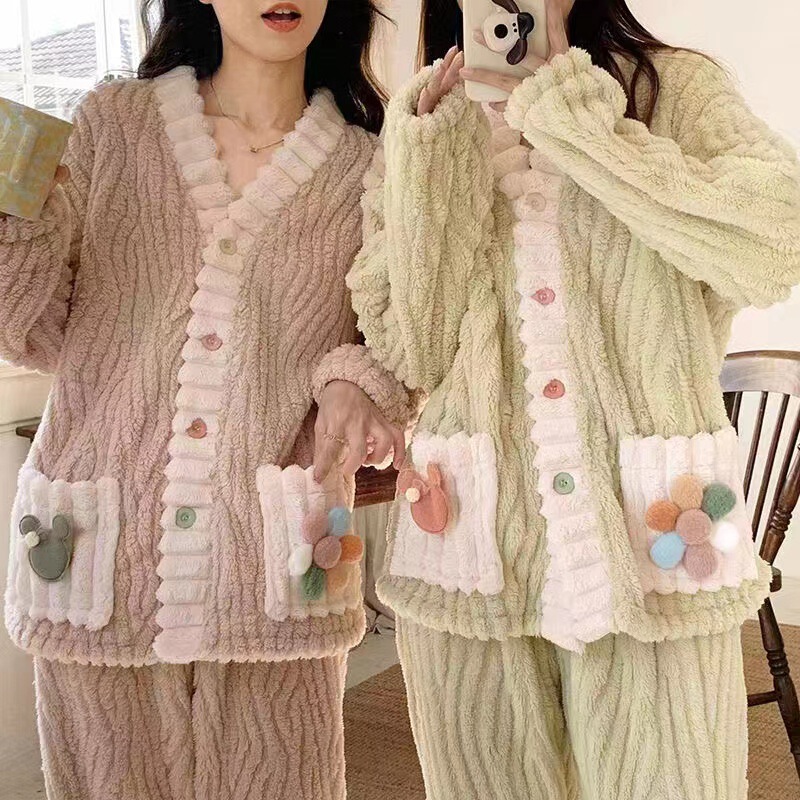 Autumn and winter New Rainbow cardigan pajamas suit home wear women's coral fleece thickened warm confinement clothes two-piece set