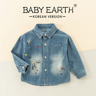 Children's Denim Shirt Autumn New Boys' Korean Style Jacket Toddler Long-Sleeve Turn-Down Collar Top Autumn Outfit Big Kids' Shirt