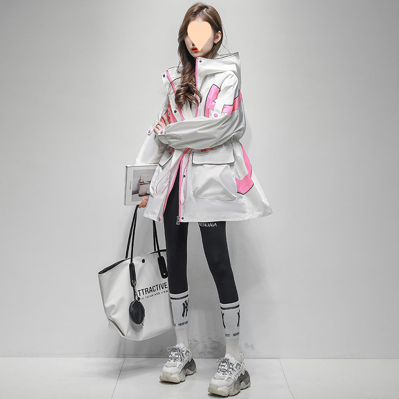 ファッショナブルなコントラストカラーのジャケット女性のための 2025 春と秋の新しいウエスト痩身ミッドレングスカジュアルフード付きウインドブレーカー|undefined