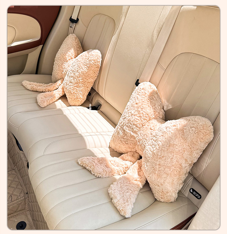 Plush Car Headrest and Lumbar Support with Cute Bow Ribbon, Car Neck Pillow, Lumbar Support Cushion, Car Seat Cushion