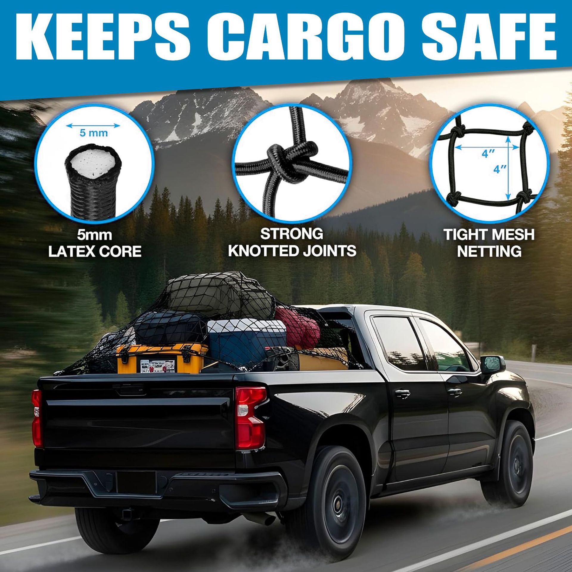 Car Roof Luggage Net Pickup Truck Net Bag 120*180cm 4*6 Feet Handbag Strong Metal Carabiner
